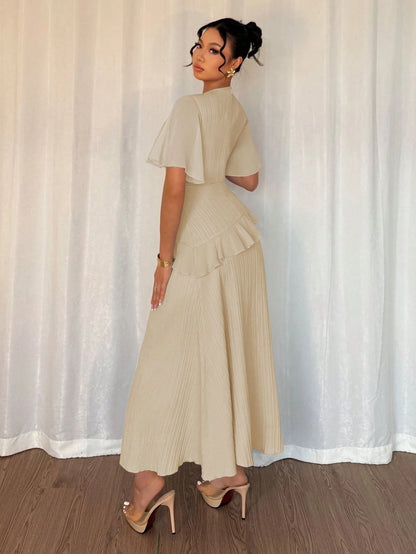 Elenzga New Women's Textured Woven Fabric Round Neck Chiffon Ruffle Sleeve Cinched Waist High-Waisted Maxi Casual Dress, Slimming, Elegant Vacation Date Outfit