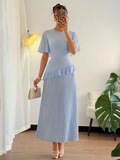Elenzga New Women's Textured Woven Fabric Round Neck Chiffon Ruffle Sleeve Cinched Waist High-Waisted Maxi Casual Dress, Slimming, Elegant Vacation Date Outfit
