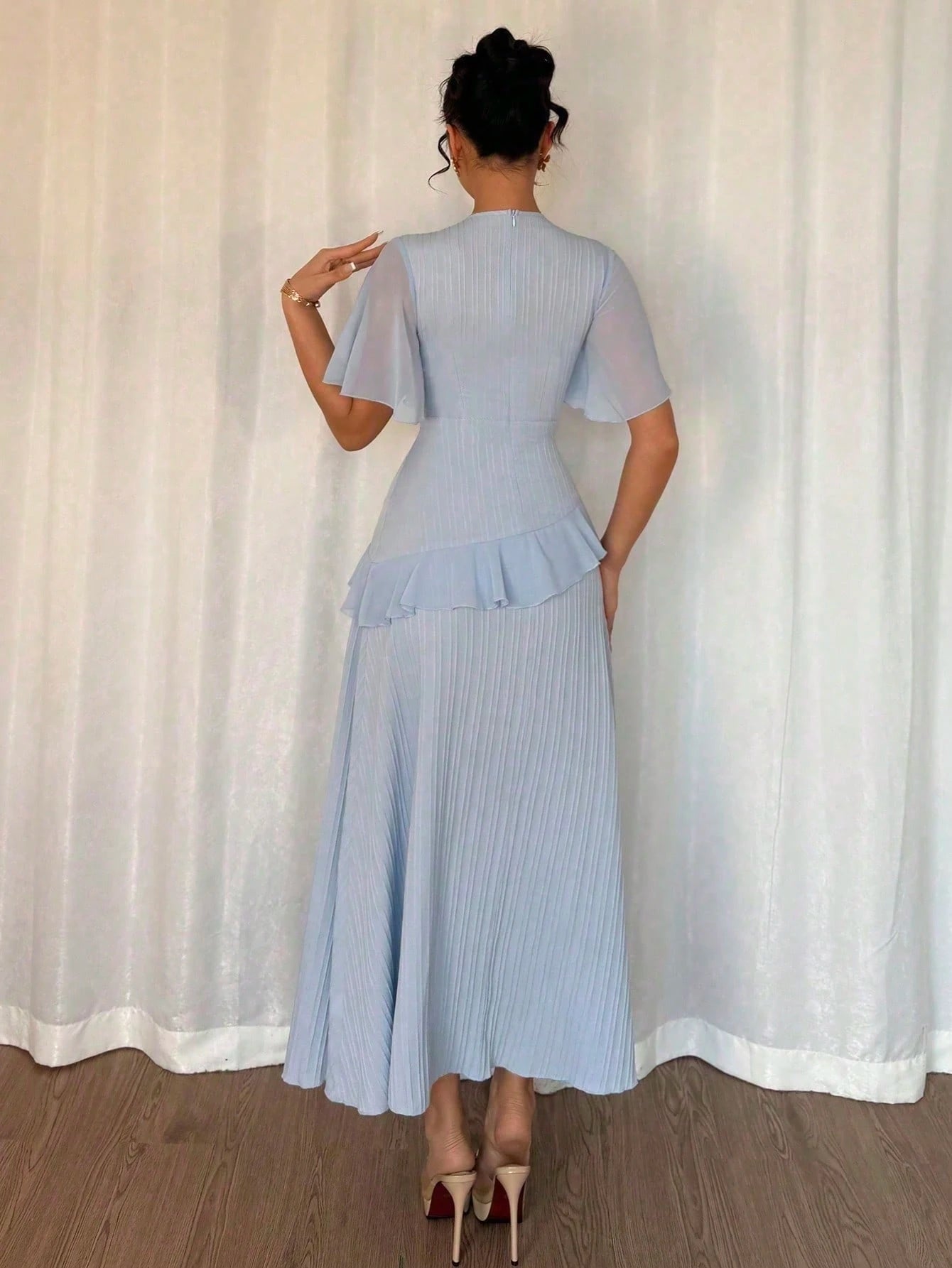 Elenzga New Women's Textured Woven Fabric Round Neck Chiffon Ruffle Sleeve Cinched Waist High-Waisted Maxi Casual Dress, Slimming, Elegant Vacation Date Outfit