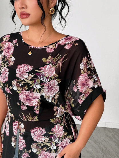 Elenzga Plus Size Women's Floral Print Long Shirt, Summer