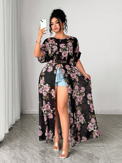 Elenzga Plus Size Women's Floral Print Long Shirt, Summer