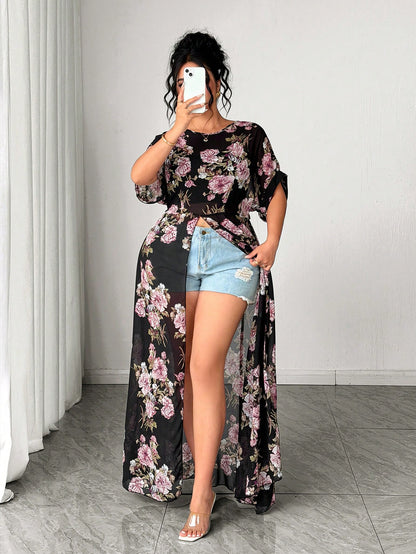 Elenzga Plus Size Women's Floral Print Long Shirt, Summer