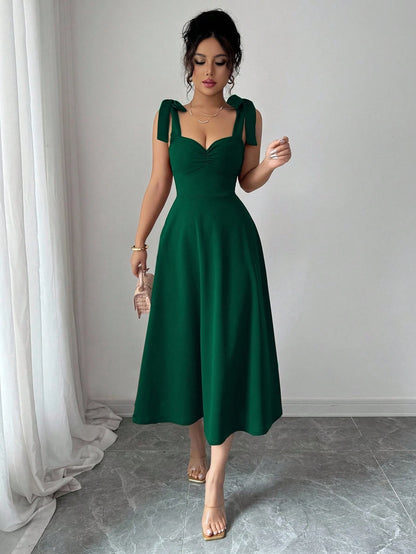 Elenzga Sleeveless Strap Tie Bow Cinched Waist A-Line Elegant Romantic Women Dress