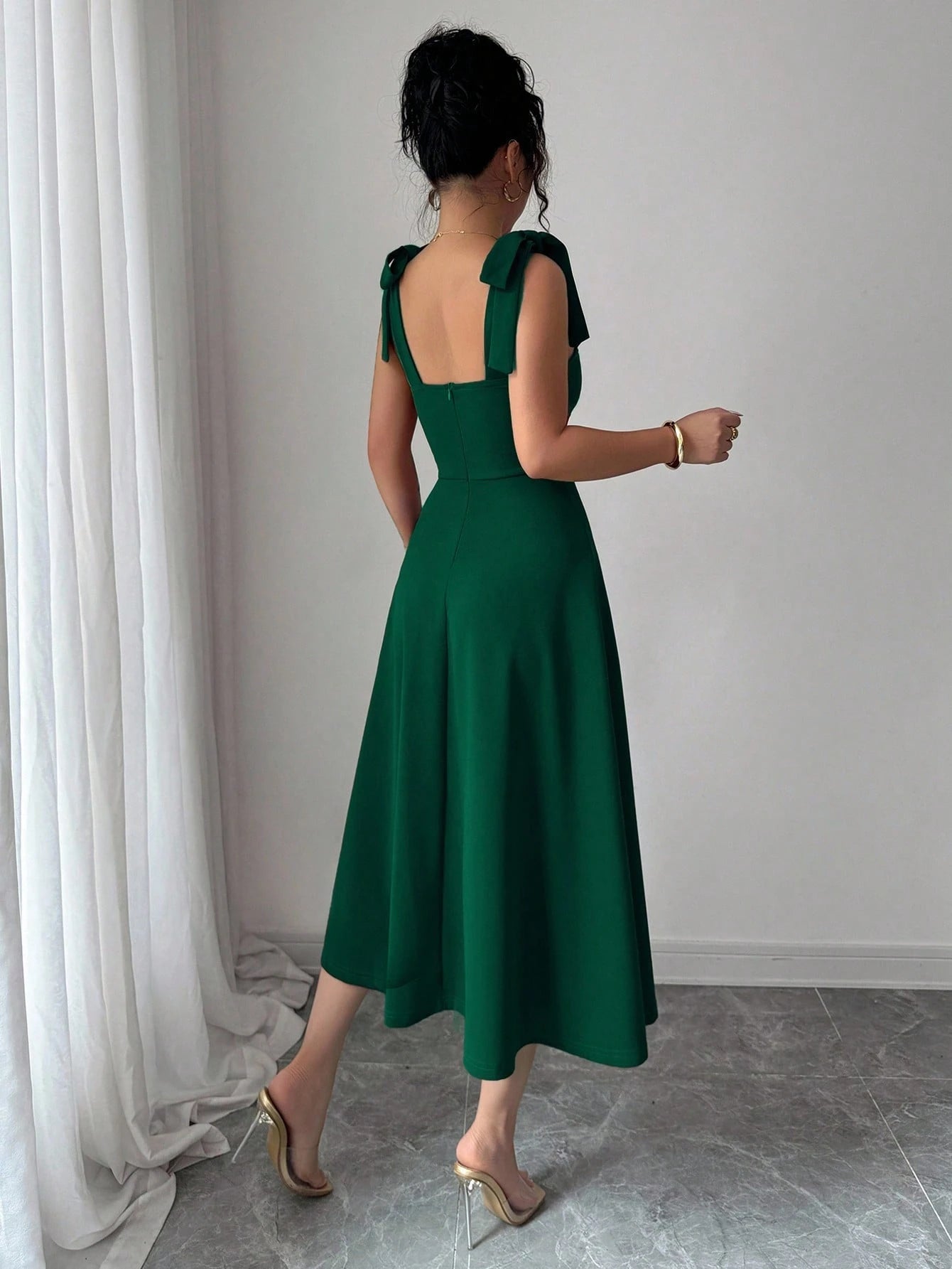 Elenzga Sleeveless Strap Tie Bow Cinched Waist A-Line Elegant Romantic Women Dress