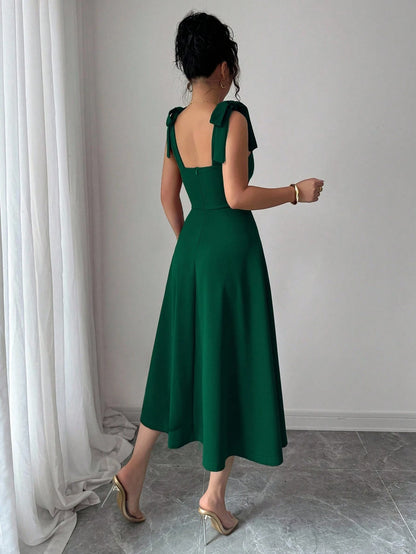 Elenzga Sleeveless Strap Tie Bow Cinched Waist A-Line Elegant Romantic Women Dress