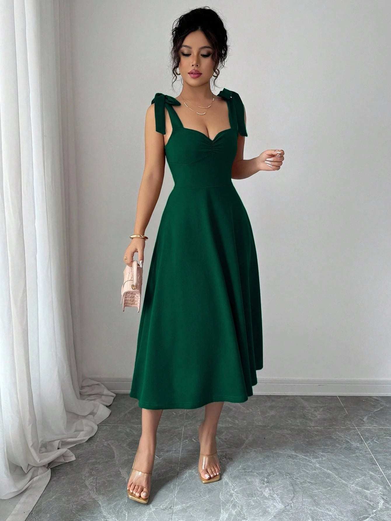 Elenzga Sleeveless Strap Tie Bow Cinched Waist A-Line Elegant Romantic Women Dress