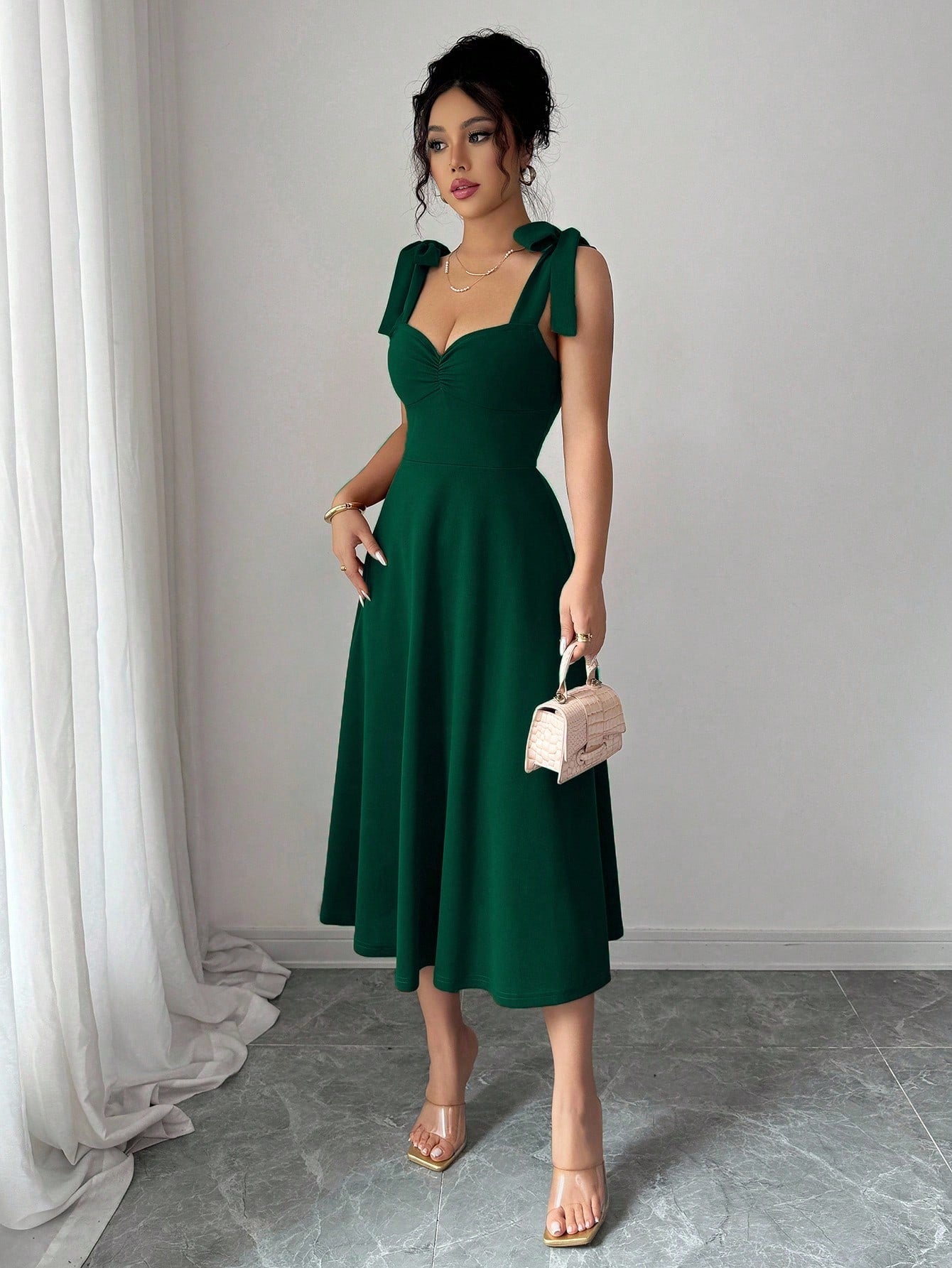 Elenzga Sleeveless Strap Tie Bow Cinched Waist A-Line Elegant Romantic Women Dress
