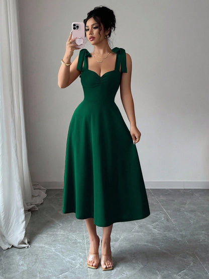 Elenzga Sleeveless Strap Tie Bow Cinched Waist A-Line Elegant Romantic Women Dress
