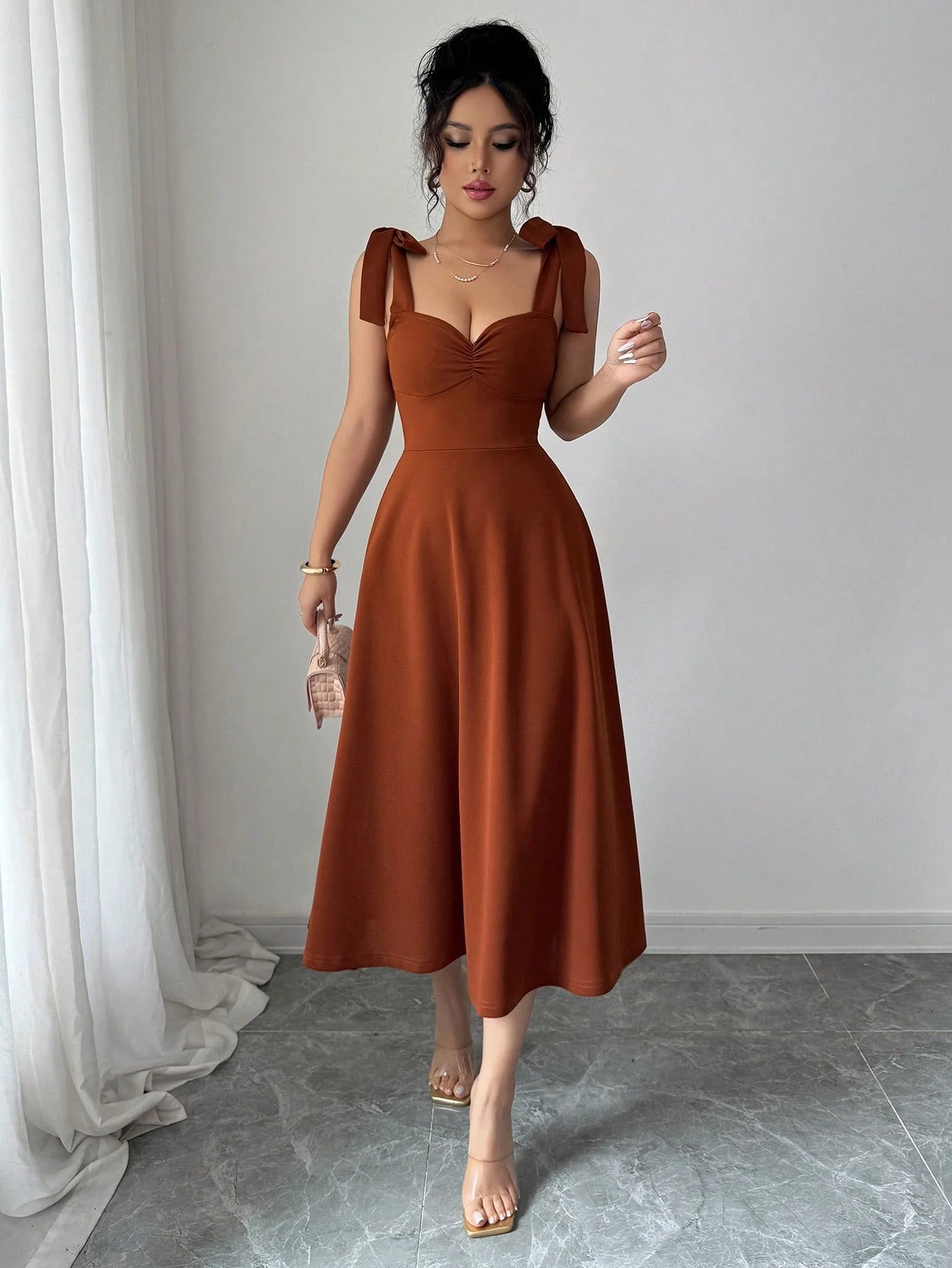 Elenzga Sleeveless Strap Tie Bow Cinched Waist A-Line Elegant Romantic Women Dress