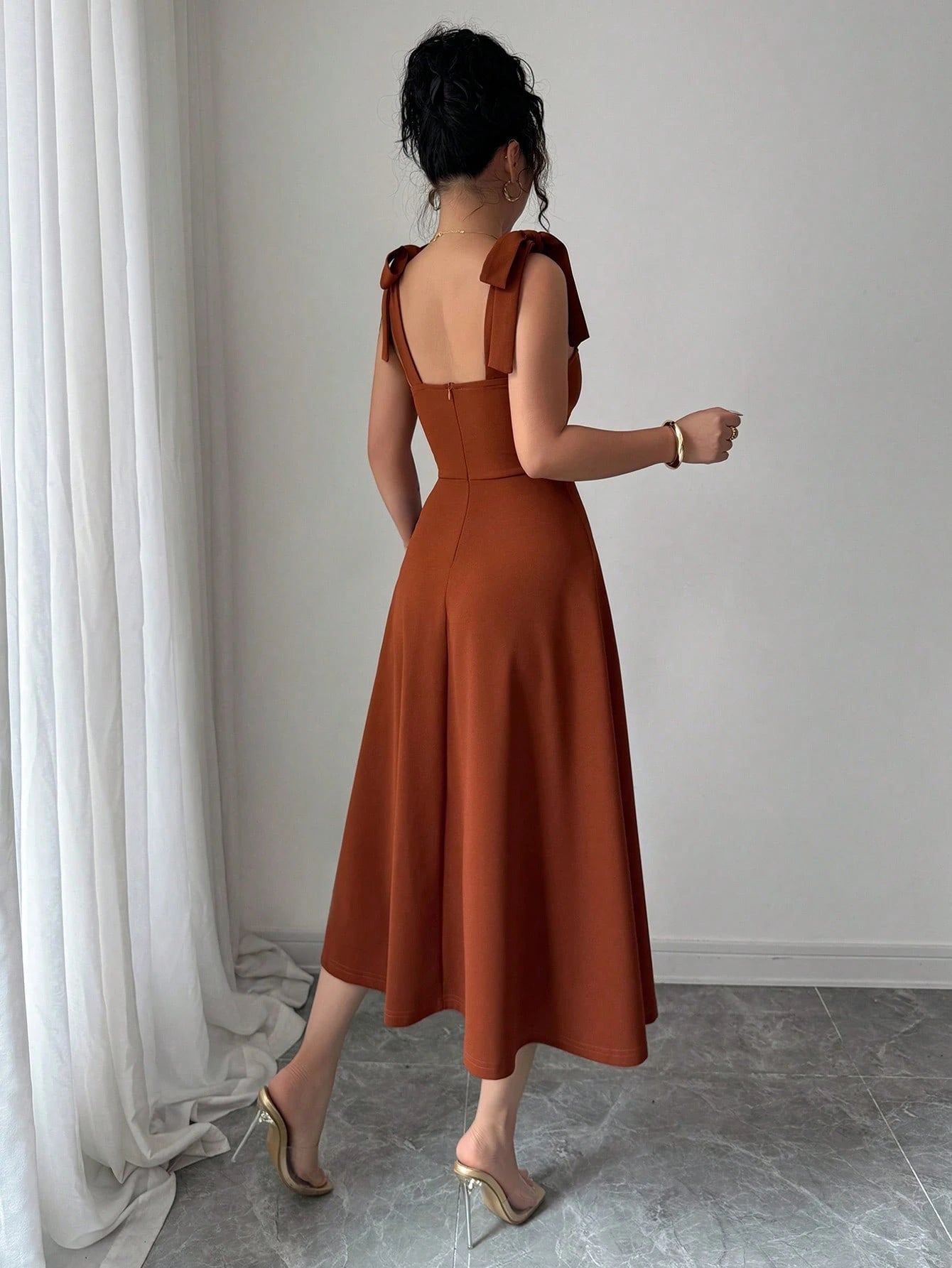 Elenzga Sleeveless Strap Tie Bow Cinched Waist A-Line Elegant Romantic Women Dress