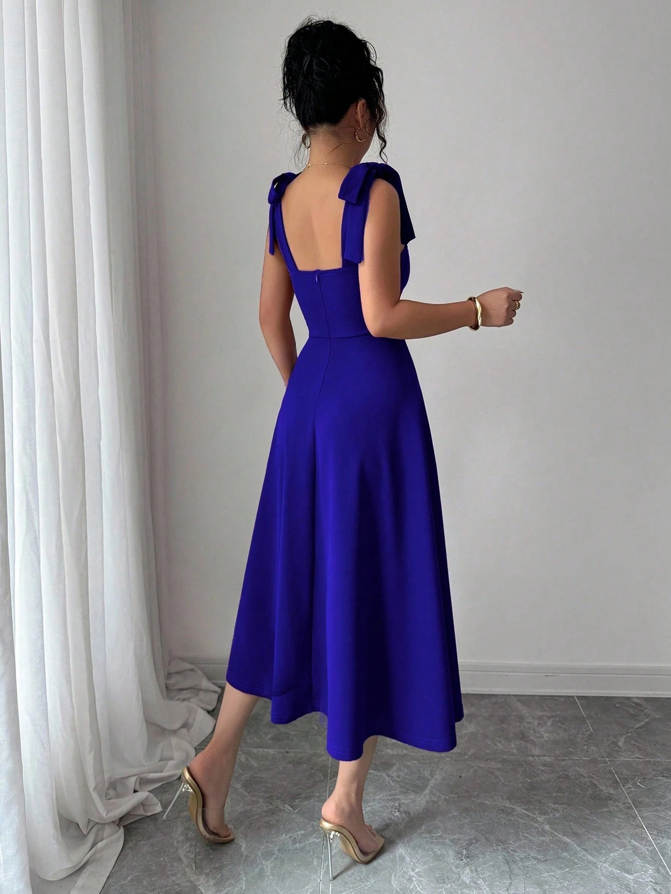 Elenzga Sleeveless Tie-Up Bowknot Waist A-Line Elegant Romantic Women Dress