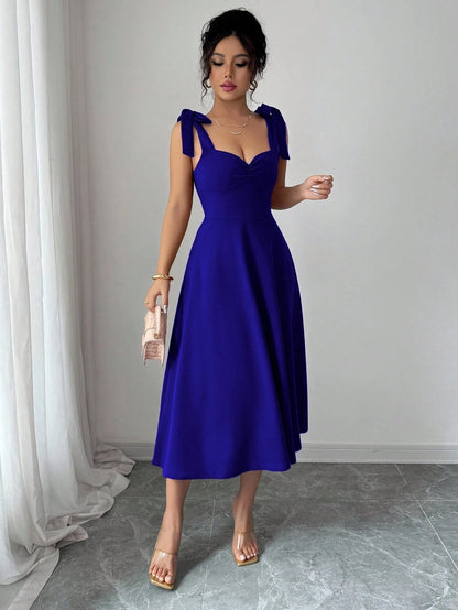 Elenzga Sleeveless Tie-Up Bowknot Waist A-Line Elegant Romantic Women Dress