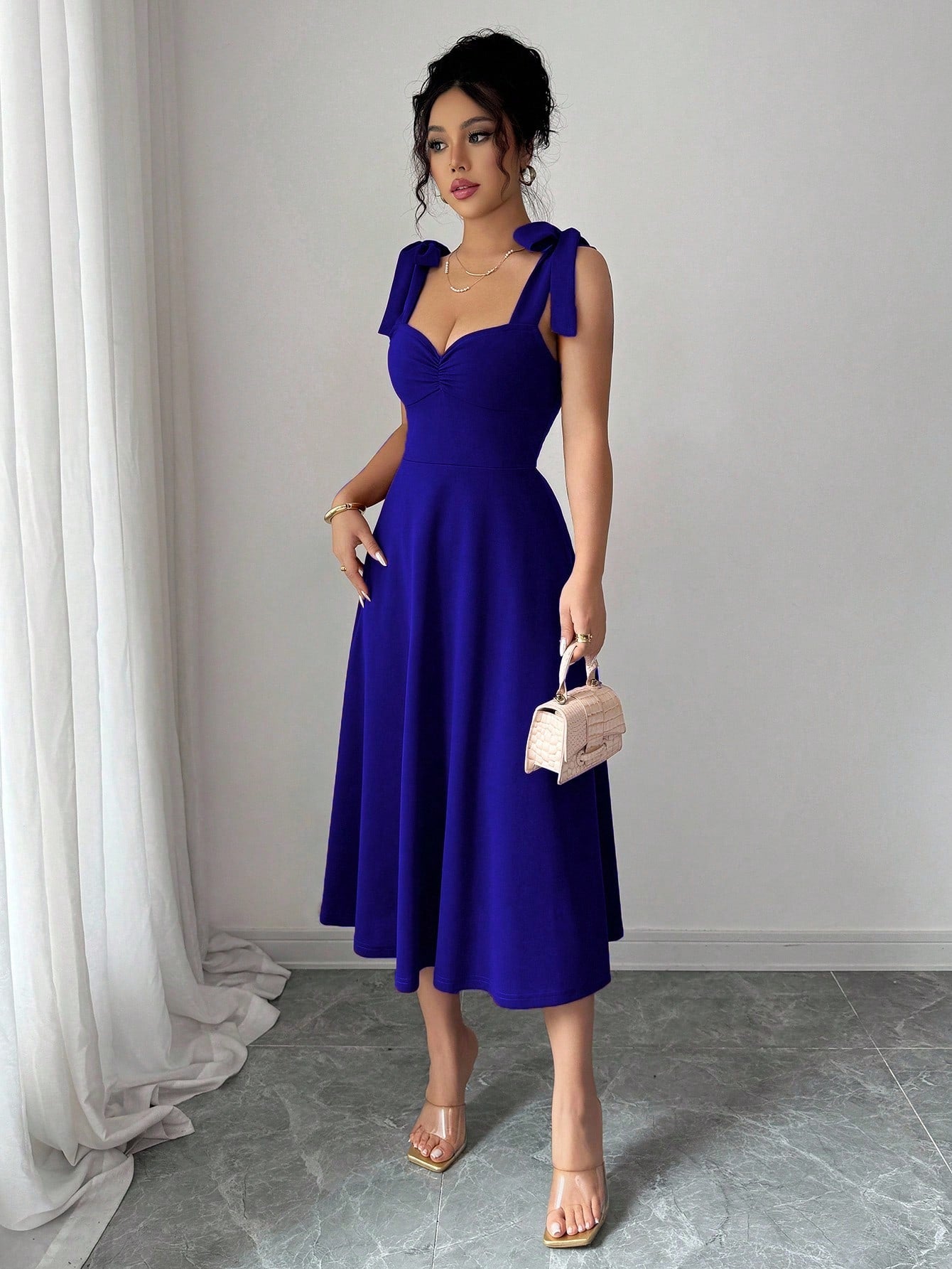 Elenzga Sleeveless Tie-Up Bowknot Waist A-Line Elegant Romantic Women Dress