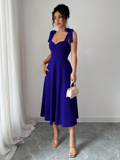 Elenzga Sleeveless Tie-Up Bowknot Waist A-Line Elegant Romantic Women Dress