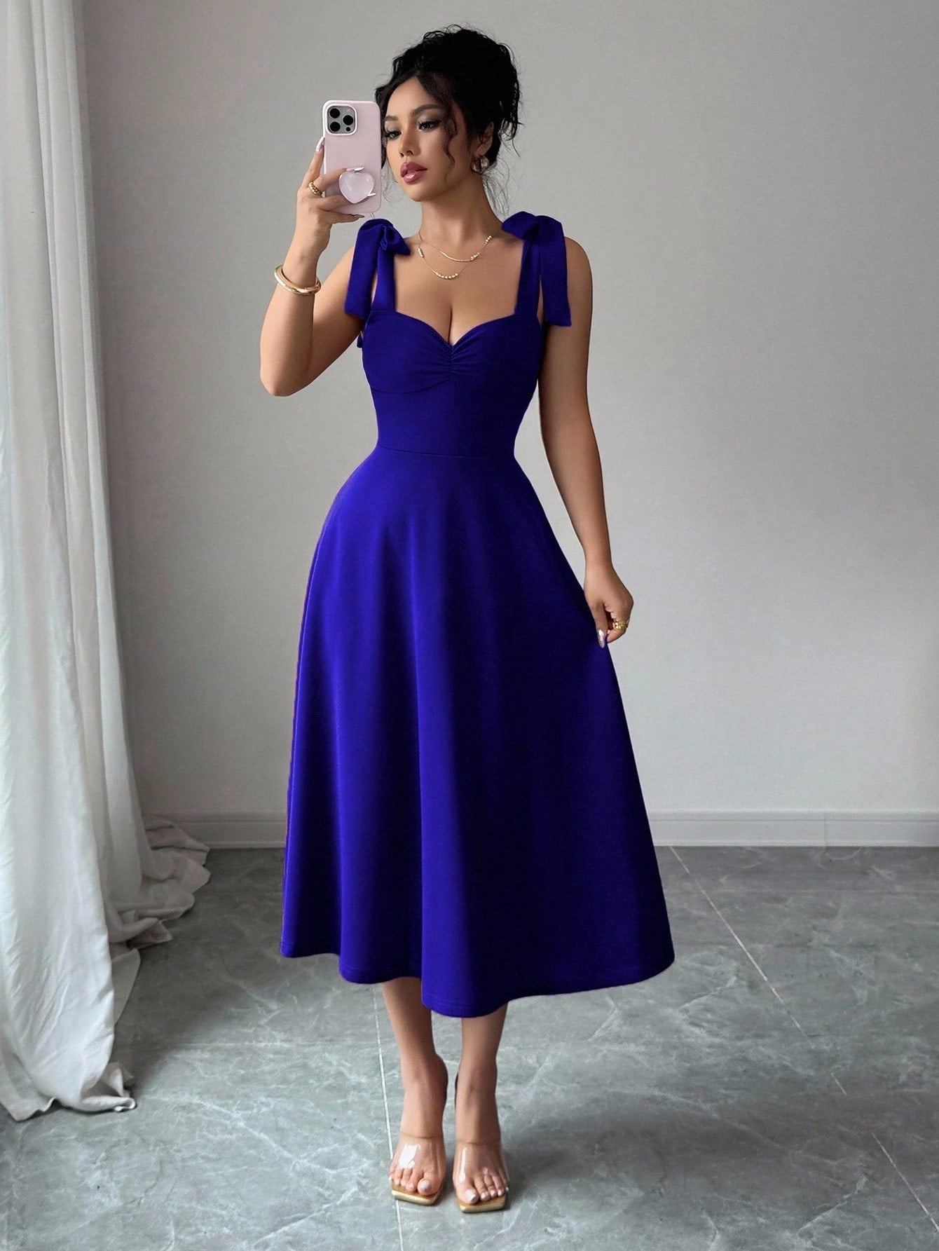 Elenzga Sleeveless Tie-Up Bowknot Waist A-Line Elegant Romantic Women Dress