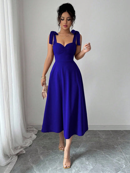 Elenzga Sleeveless Tie-Up Bowknot Waist A-Line Elegant Romantic Women Dress
