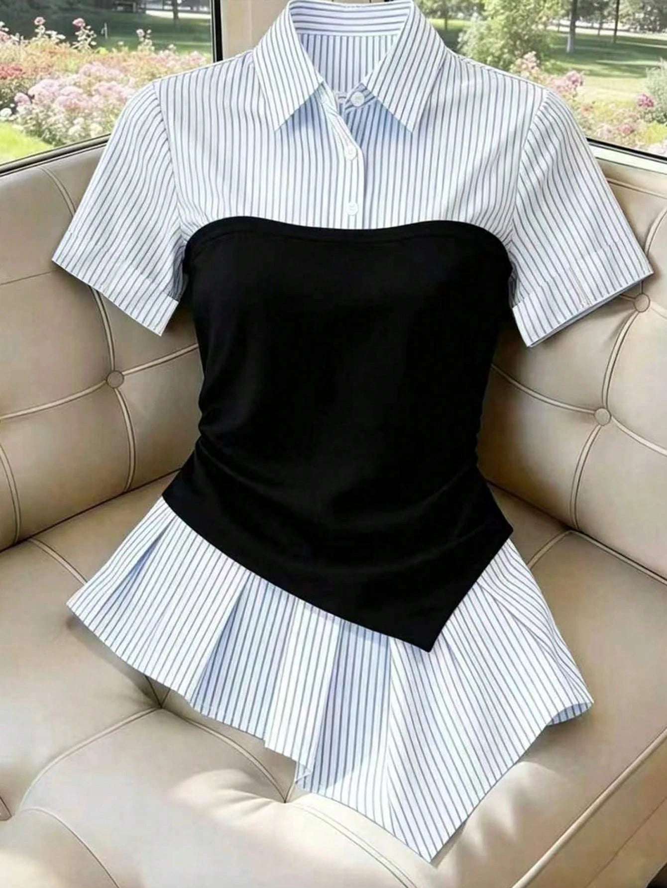Elenzga Summer Fashion Striped Patchwork Asymmetric Hem 2 In 1 Shirt
