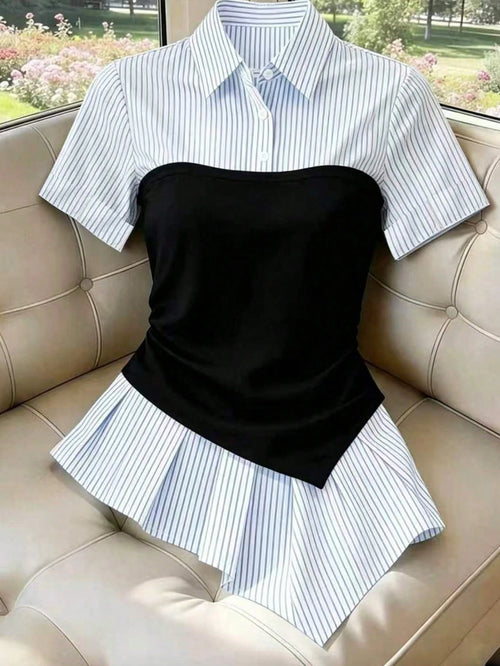 Elenzga Summer Fashion Striped Patchwork Asymmetric Hem 2 In 1 Shirt