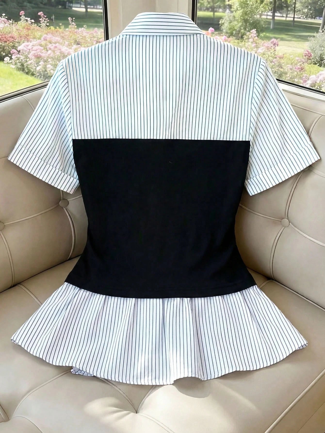 Elenzga Summer Fashion Striped Patchwork Asymmetric Hem 2 In 1 Shirt