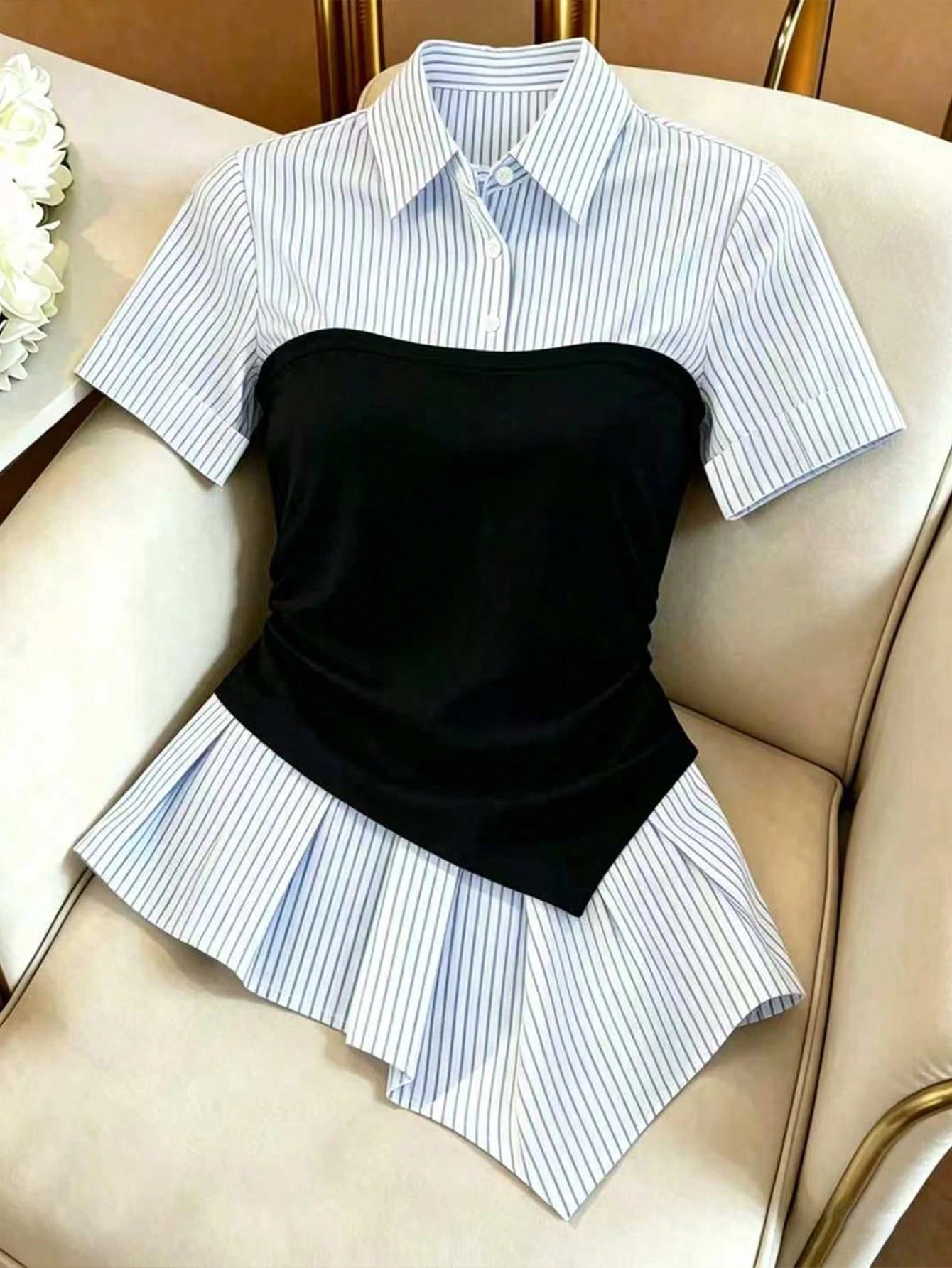 Elenzga Summer Fashion Striped Patchwork Asymmetric Hem 2 In 1 Shirt
