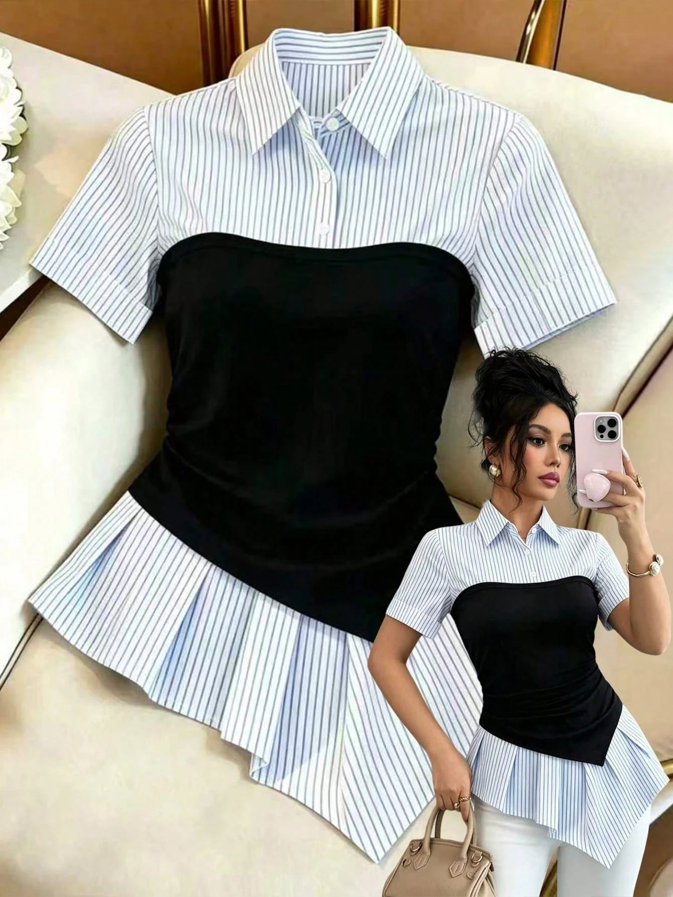 Elenzga Summer Fashion Striped Patchwork Asymmetric Hem 2 In 1 Shirt