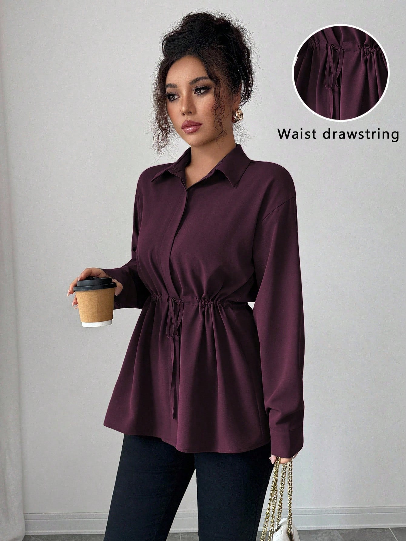 Elenzga Women Elegant Dark Purple French Office Utility Shirt,Long Sleeve Shirt Collar Hidden Button Waist Cinching Drawstring Bowknot Fall Winter Casual