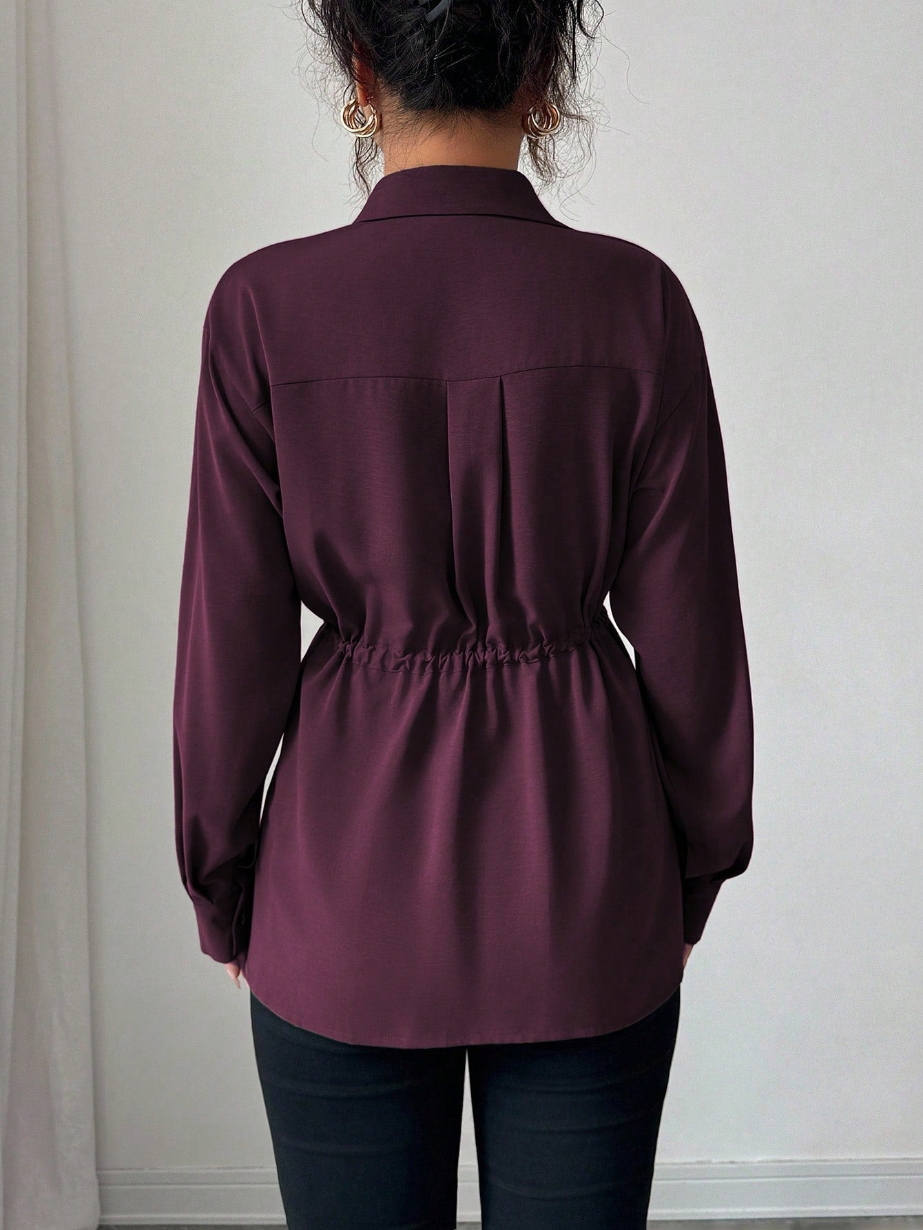 Elenzga Women Elegant Dark Purple French Office Utility Shirt,Long Sleeve Shirt Collar Hidden Button Waist Cinching Drawstring Bowknot Fall Winter Casual