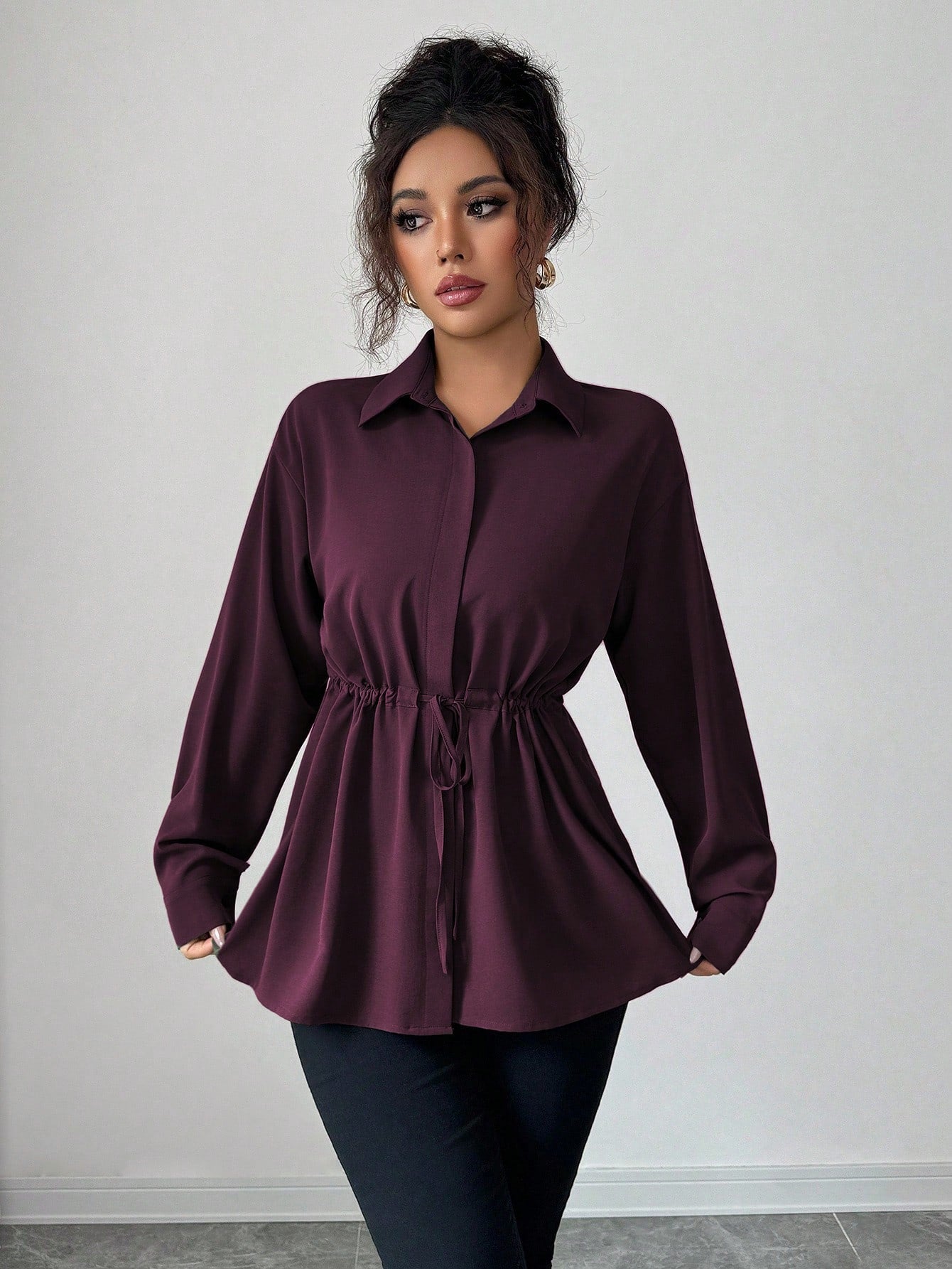 Elenzga Women Elegant Dark Purple French Office Utility Shirt,Long Sleeve Shirt Collar Hidden Button Waist Cinching Drawstring Bowknot Fall Winter Casual