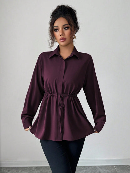 Elenzga Women Elegant Dark Purple French Office Utility Shirt,Long Sleeve Shirt Collar Hidden Button Waist Cinching Drawstring Bowknot Fall Winter Casual