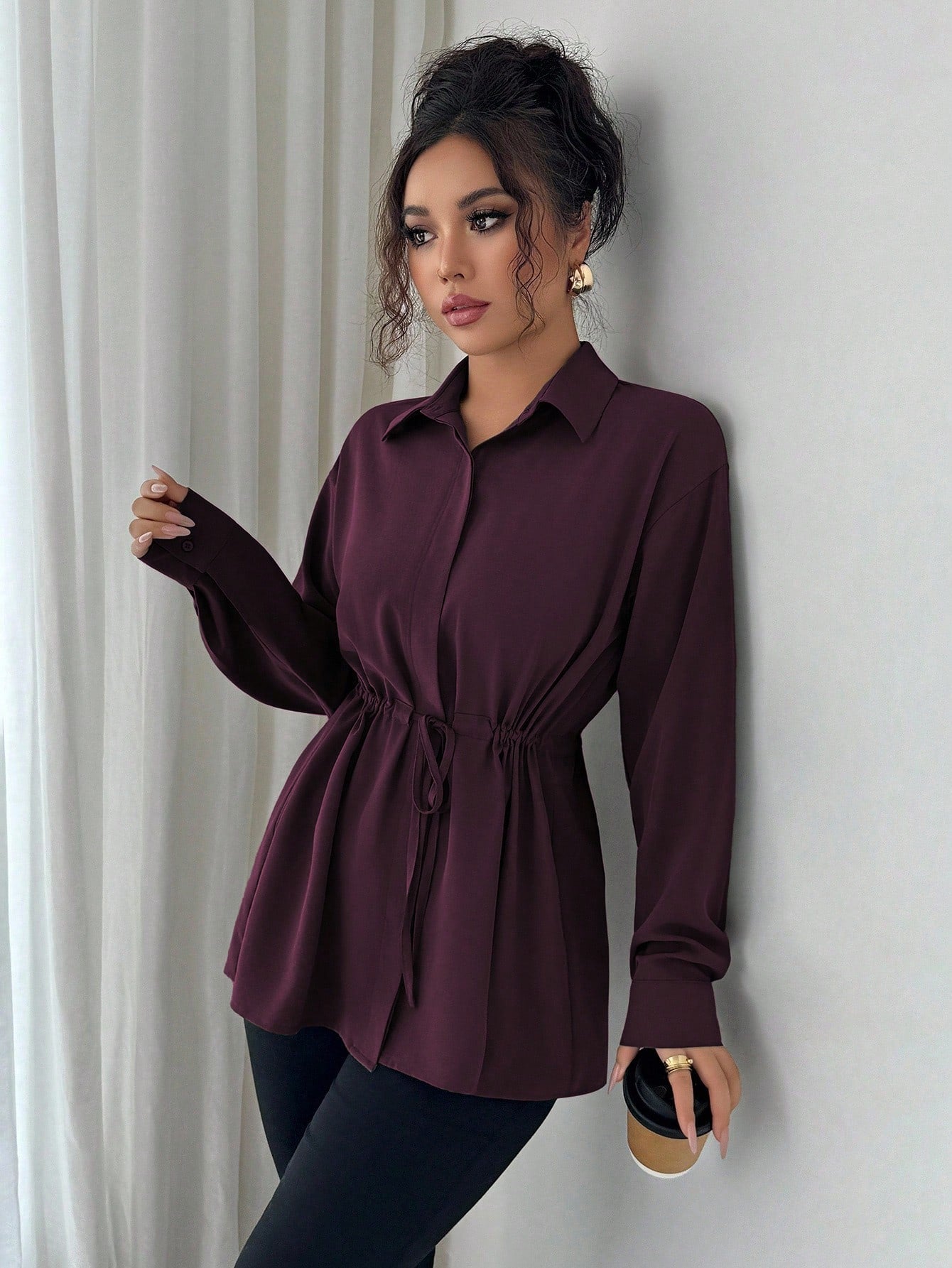 Elenzga Women Elegant Dark Purple French Office Utility Shirt,Long Sleeve Shirt Collar Hidden Button Waist Cinching Drawstring Bowknot Fall Winter Casual