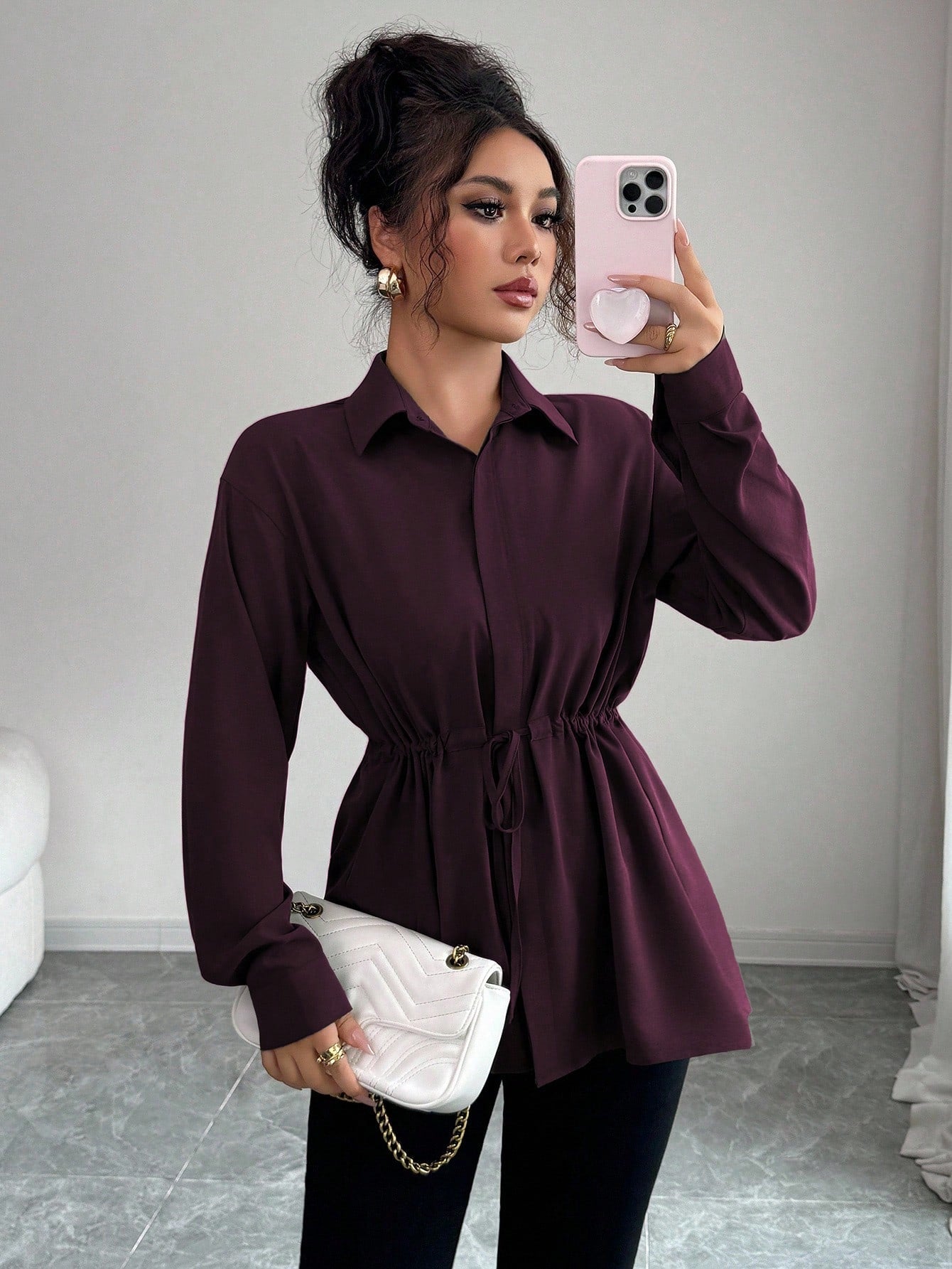 Elenzga Women Elegant Dark Purple French Office Utility Shirt,Long Sleeve Shirt Collar Hidden Button Waist Cinching Drawstring Bowknot Fall Winter Casual