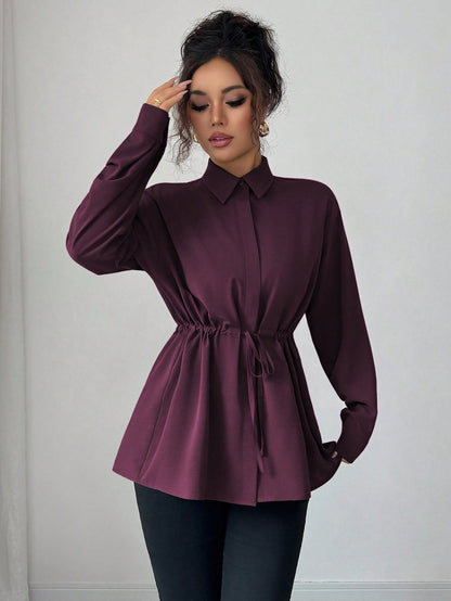 Elenzga Women Elegant Dark Purple French Office Utility Shirt,Long Sleeve Shirt Collar Hidden Button Waist Cinching Drawstring Bowknot Fall Winter Casual