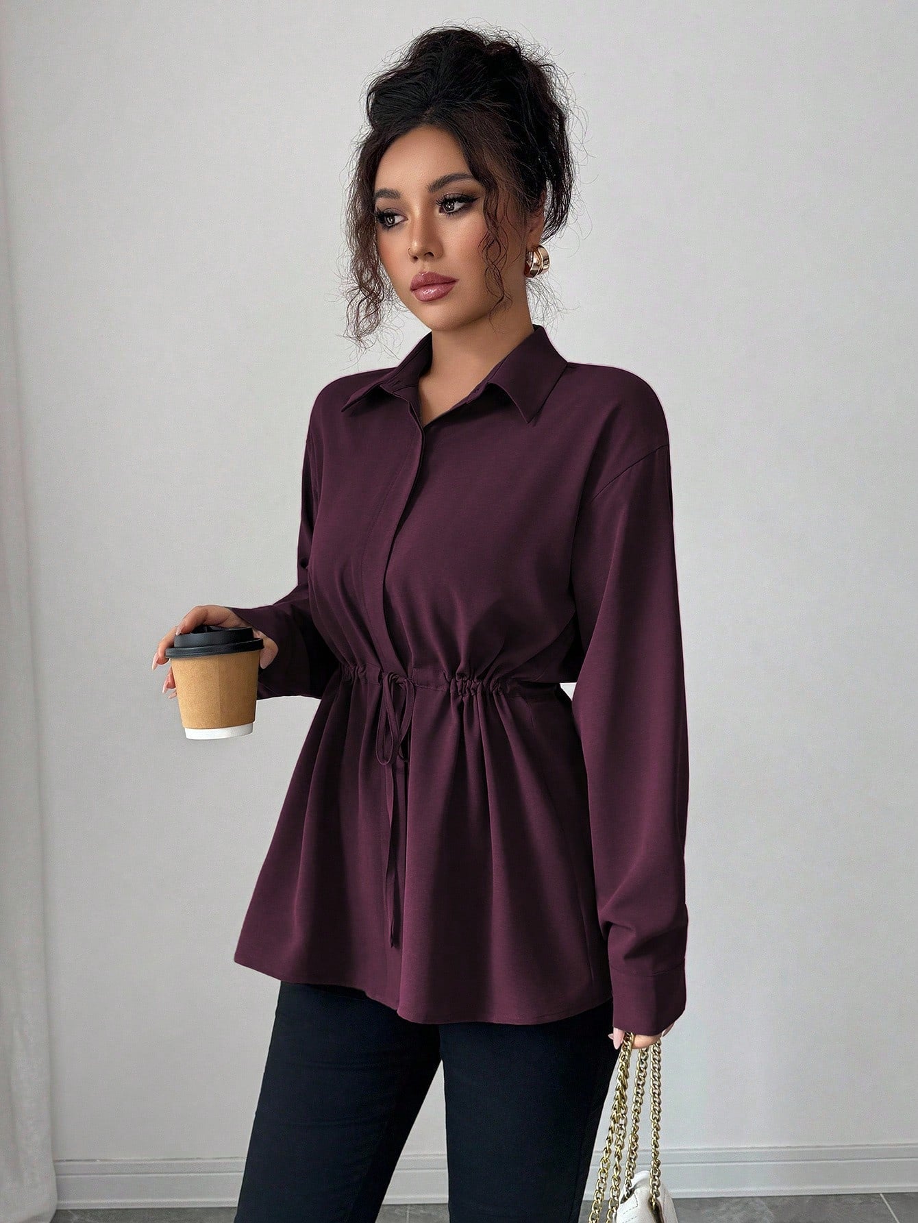 Elenzga Women Elegant Dark Purple French Office Utility Shirt,Long Sleeve Shirt Collar Hidden Button Waist Cinching Drawstring Bowknot Fall Winter Casual