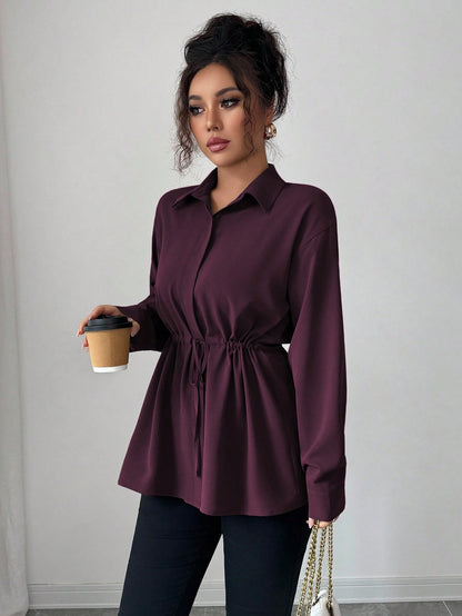 Elenzga Women Elegant Dark Purple French Office Utility Shirt,Long Sleeve Shirt Collar Hidden Button Waist Cinching Drawstring Bowknot Fall Winter Casual