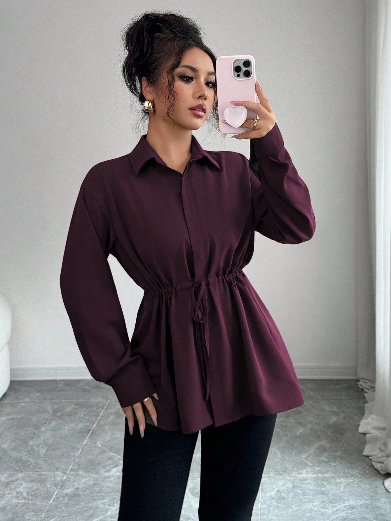 Elenzga Women Elegant Dark Purple French Office Utility Shirt,Long Sleeve Shirt Collar Hidden Button Waist Cinching Drawstring Bowknot Fall Winter Casual