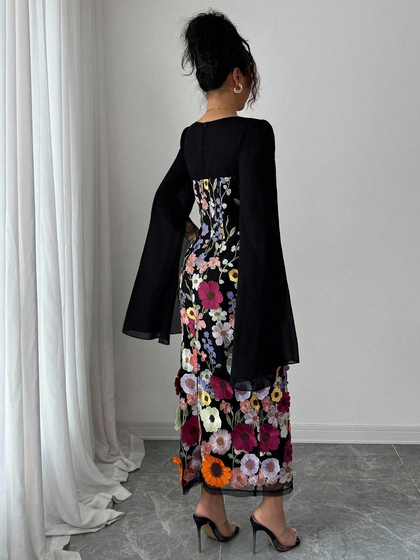 Elenzga Women's Elegant Black Floral Autumn Long Sleeve Dress,Embroidered Patchwork,Waist-Cinching Figure-Flattering,Suitable For Holiday Dinner,Graduation