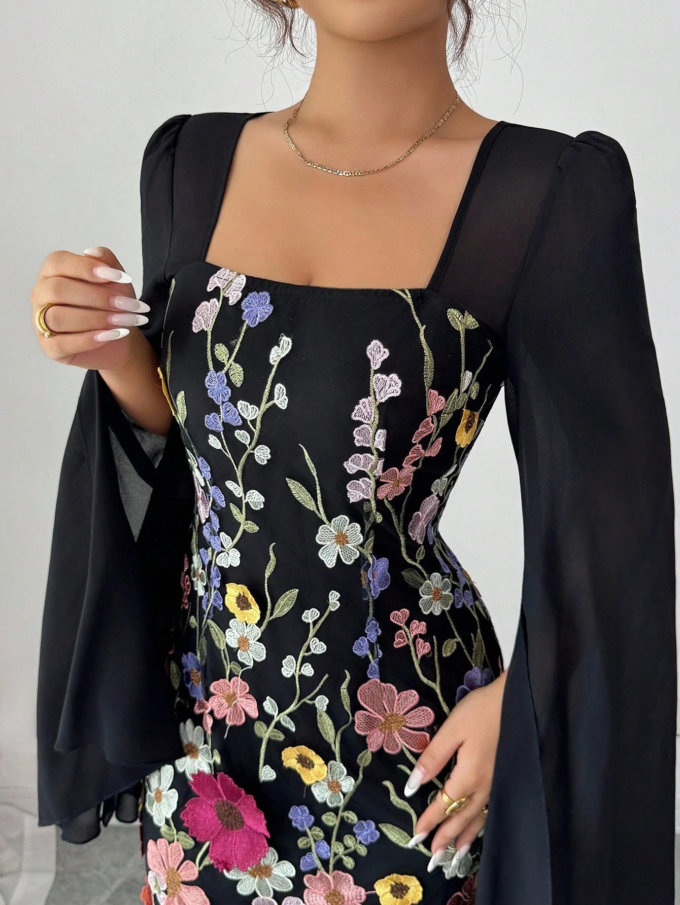 Elenzga Women's Elegant Black Floral Autumn Long Sleeve Dress,Embroidered Patchwork,Waist-Cinching Figure-Flattering,Suitable For Holiday Dinner,Graduation