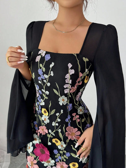 Elenzga Women's Elegant Black Floral Autumn Long Sleeve Dress,Embroidered Patchwork,Waist-Cinching Figure-Flattering,Suitable For Holiday Dinner,Graduation