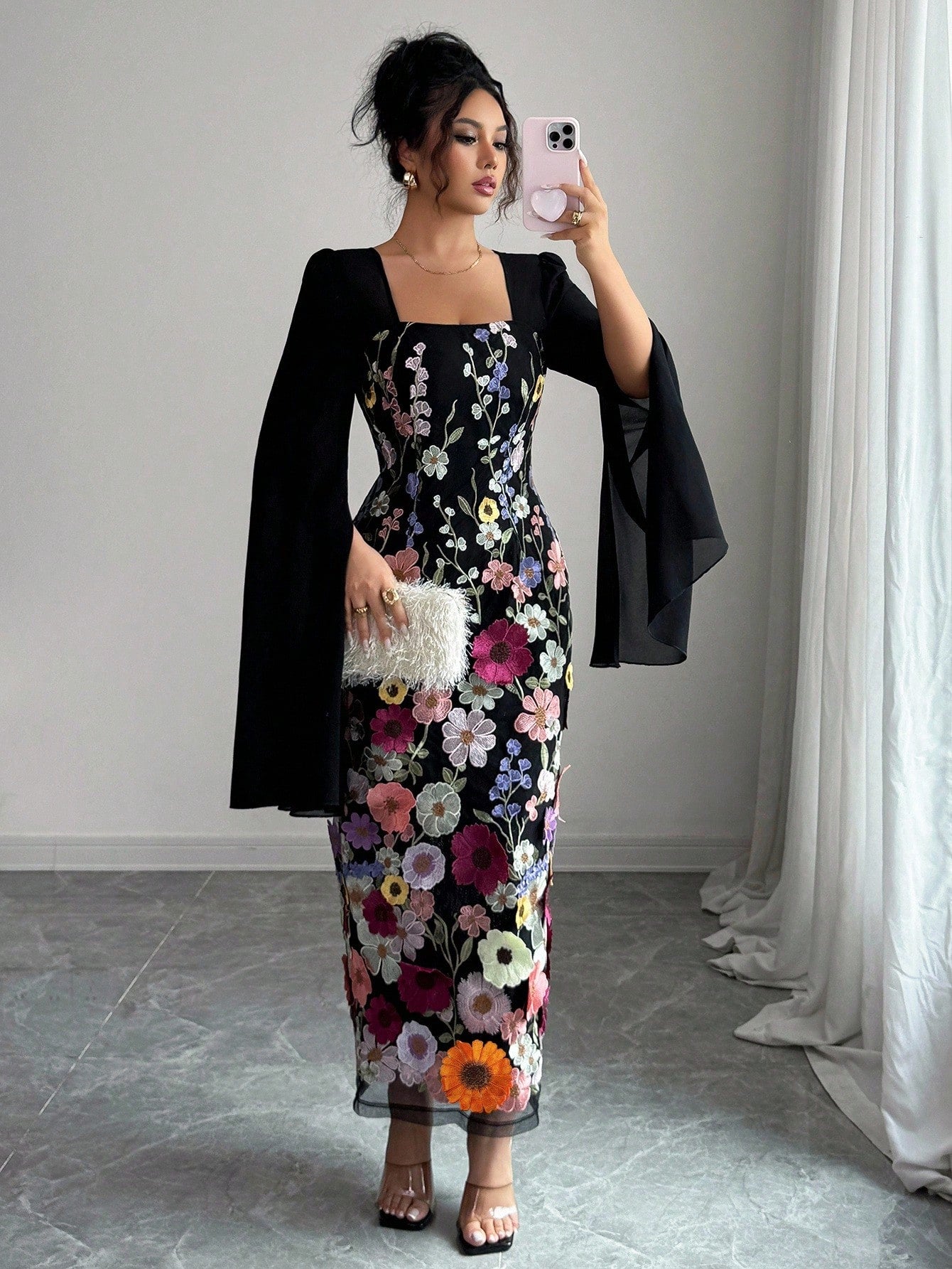 Elenzga Women's Elegant Black Floral Autumn Long Sleeve Dress,Embroidered Patchwork,Waist-Cinching Figure-Flattering,Suitable For Holiday Dinner,Graduation