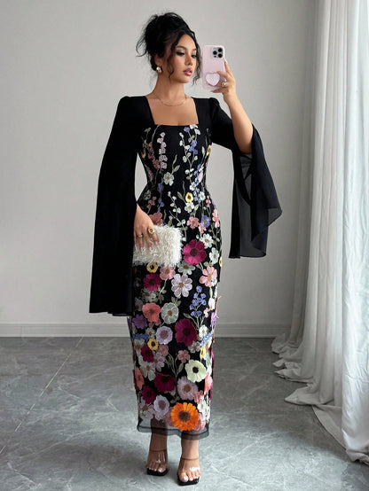 Elenzga Women's Elegant Black Floral Autumn Long Sleeve Dress,Embroidered Patchwork,Waist-Cinching Figure-Flattering,Suitable For Holiday Dinner,Graduation