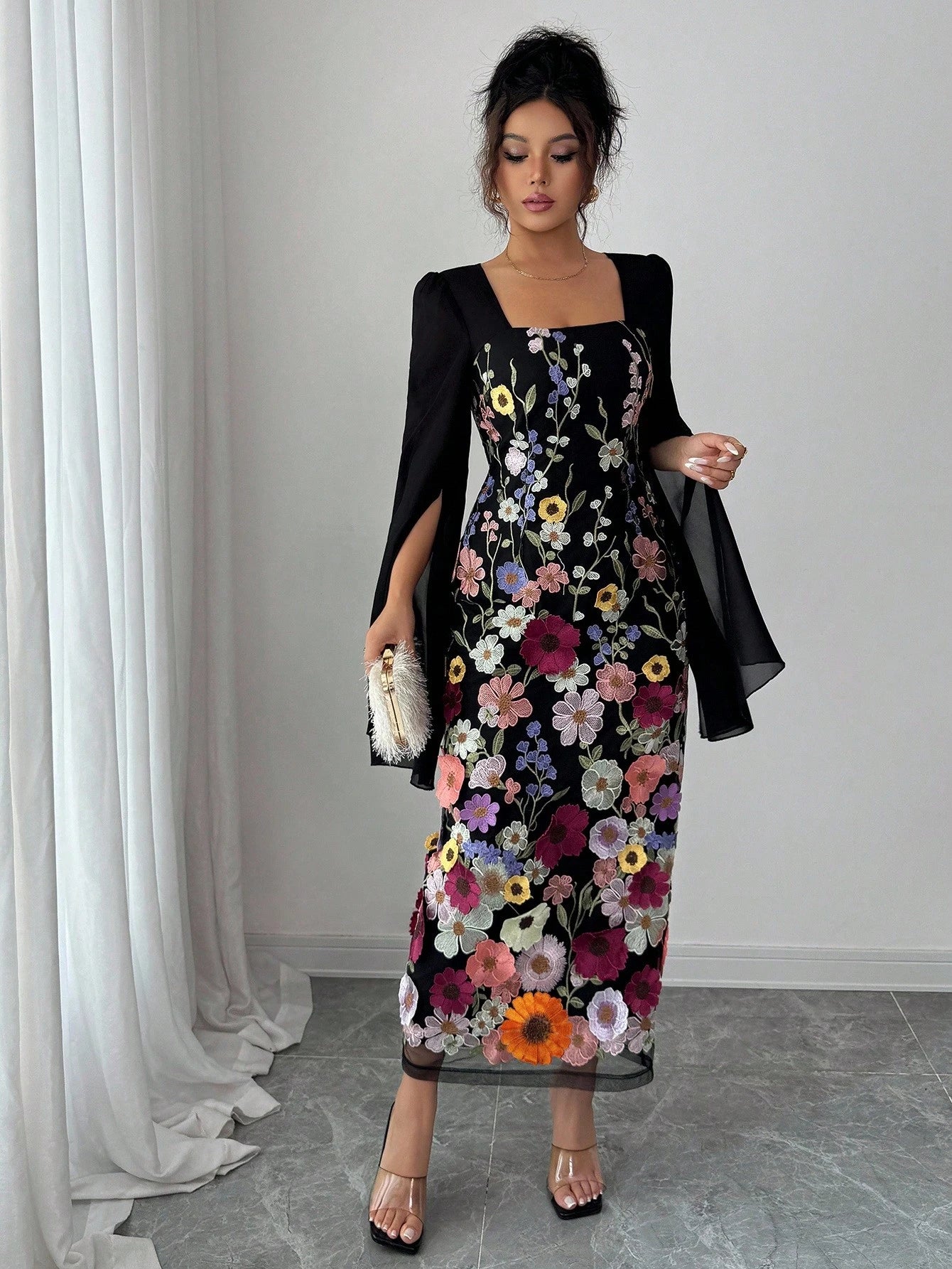 Elenzga Women's Elegant Black Floral Autumn Long Sleeve Dress,Embroidered Patchwork,Waist-Cinching Figure-Flattering,Suitable For Holiday Dinner,Graduation
