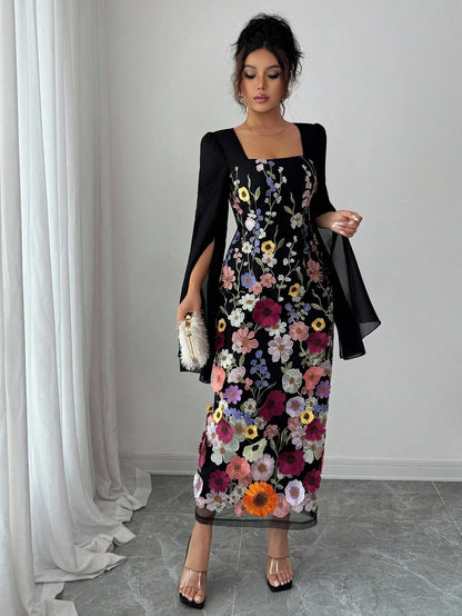 Elenzga Women's Elegant Black Floral Autumn Long Sleeve Dress,Embroidered Patchwork,Waist-Cinching Figure-Flattering,Suitable For Holiday Dinner,Graduation