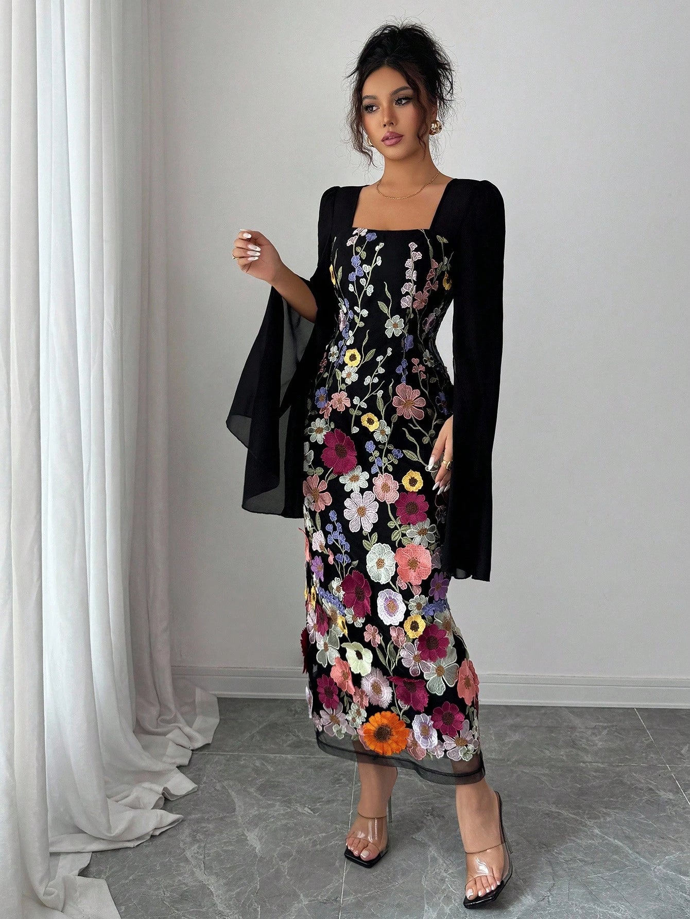 Elenzga Women's Elegant Black Floral Autumn Long Sleeve Dress,Embroidered Patchwork,Waist-Cinching Figure-Flattering,Suitable For Holiday Dinner,Graduation