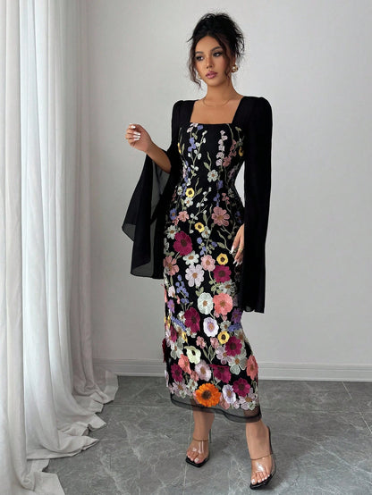 Elenzga Women's Elegant Black Floral Autumn Long Sleeve Dress,Embroidered Patchwork,Waist-Cinching Figure-Flattering,Suitable For Holiday Dinner,Graduation