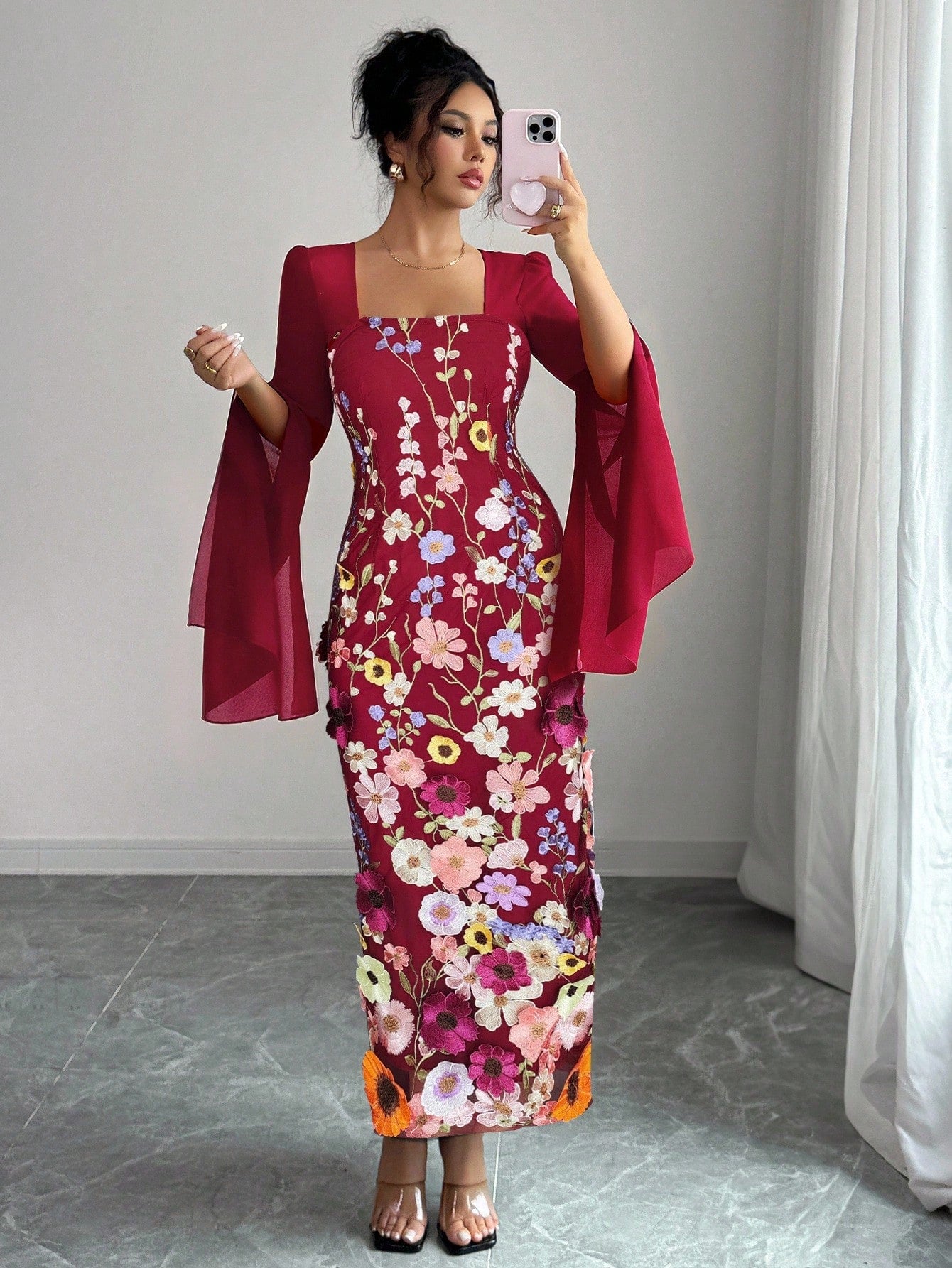 Elenzga Women's Elegant Black Floral Autumn Long Sleeve Dress,Embroidered Patchwork,Waist-Cinching Figure-Flattering,Suitable For Holiday Dinner,Graduation