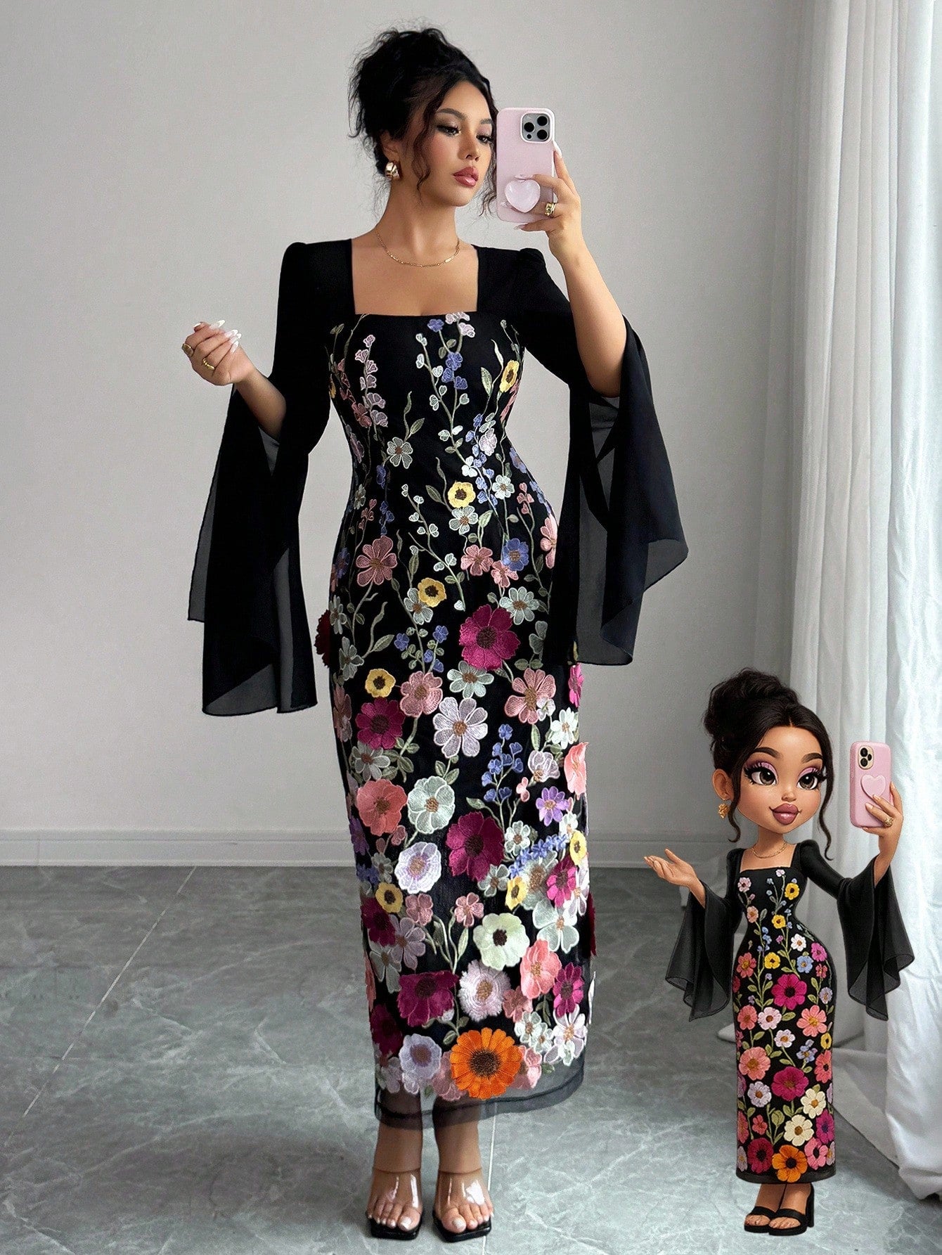 Elenzga Women's Elegant Black Floral Autumn Long Sleeve Dress,Embroidered Patchwork,Waist-Cinching Figure-Flattering,Suitable For Holiday Dinner,Graduation