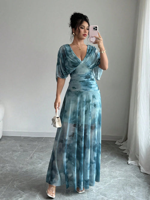 Elenzga Women's Elegant Tie-Dye Print Long Dress, Summer