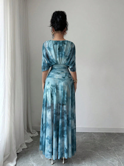 Elenzga Women's Elegant Tie-Dye Print Long Dress, Summer