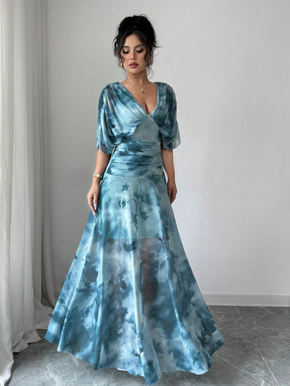 Elenzga Women's Elegant Tie-Dye Print Long Dress, Summer
