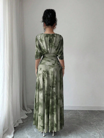 Elenzga Women's Elegant Tie-Dye Print Long Dress, Summer
